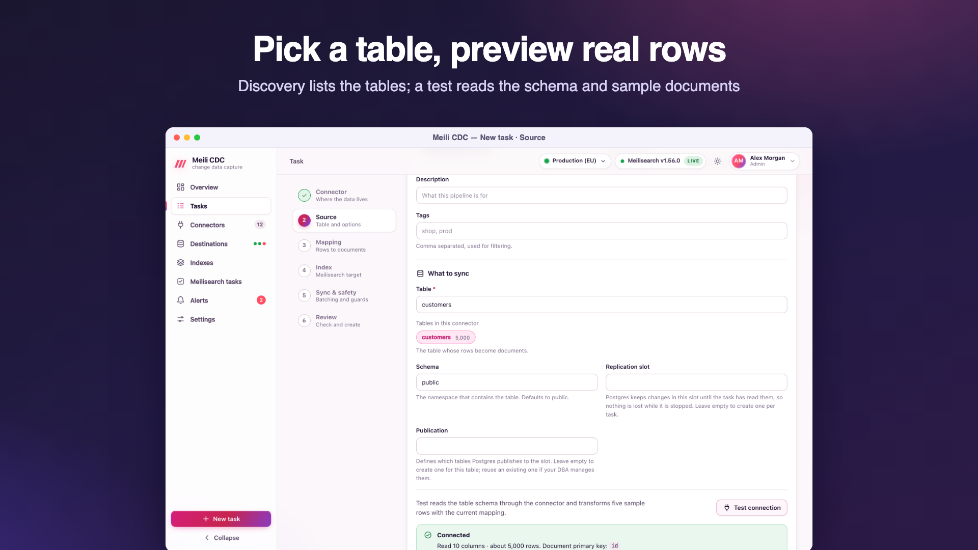 The task wizard source step with the table picker and the Test connection result showing columns and sample documents