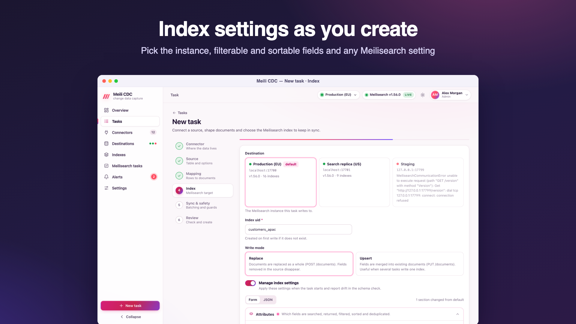 Wizard index step with the destination cards, the index uid, the write mode and the index settings editor