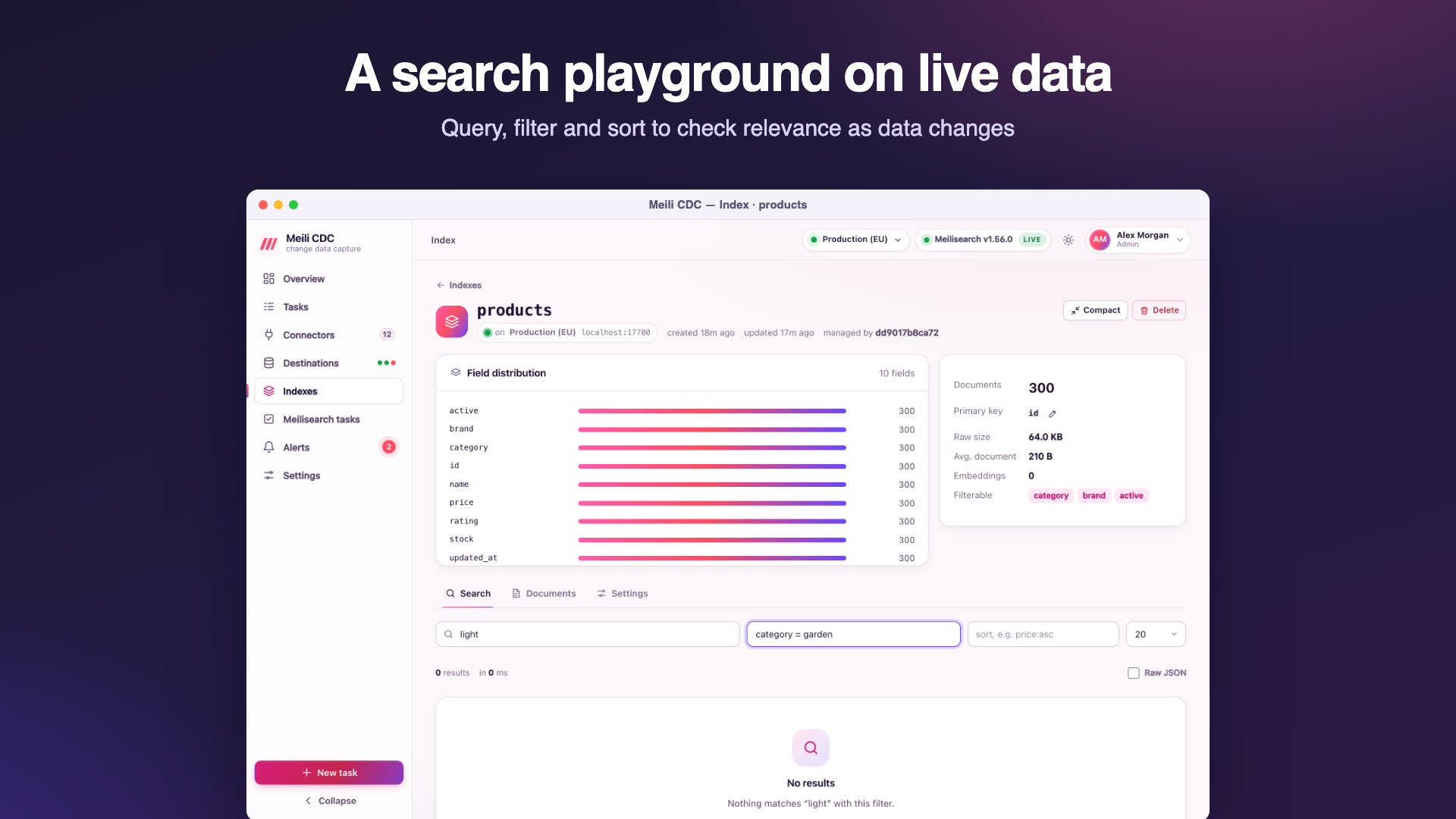 The search playground of an index with a query, a filter, sorted results and the raw Meilisearch response