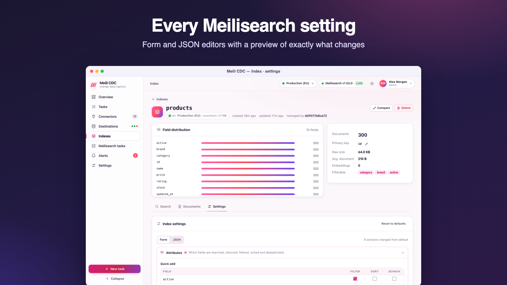 The index settings editor with collapsible sections for attributes, ranking rules, typo tolerance, synonyms, words, faceting and embedders