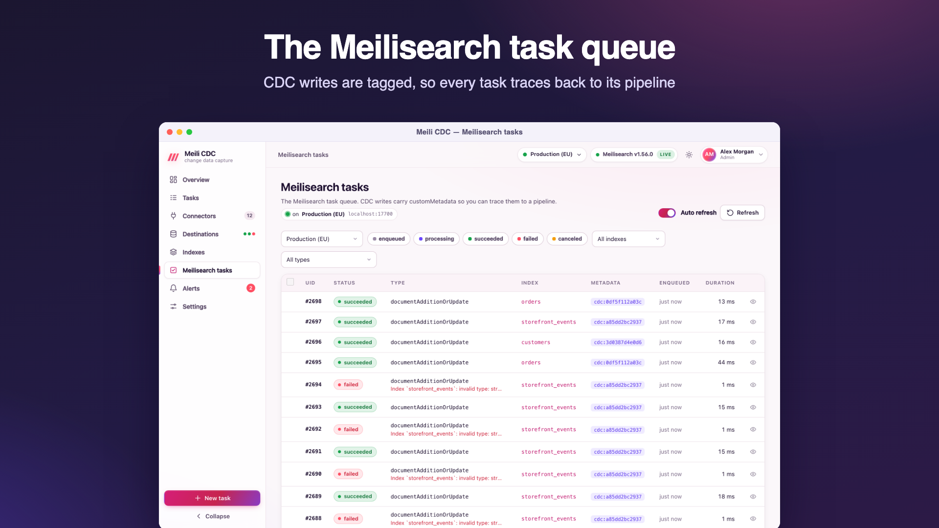 The Meilisearch tasks page listing document additions, settings updates and swaps per instance with status, duration and the CDC task that sent them