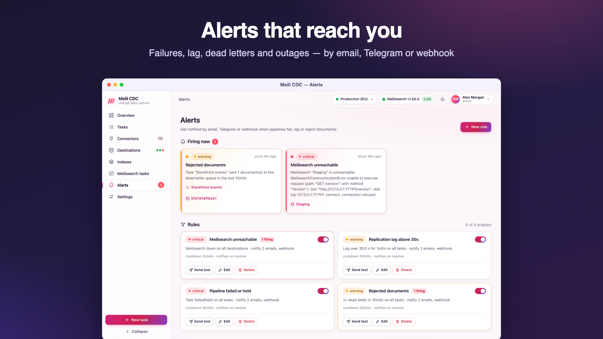 The Alerts page with alert rules, their conditions and channels, currently firing alerts and the delivery history