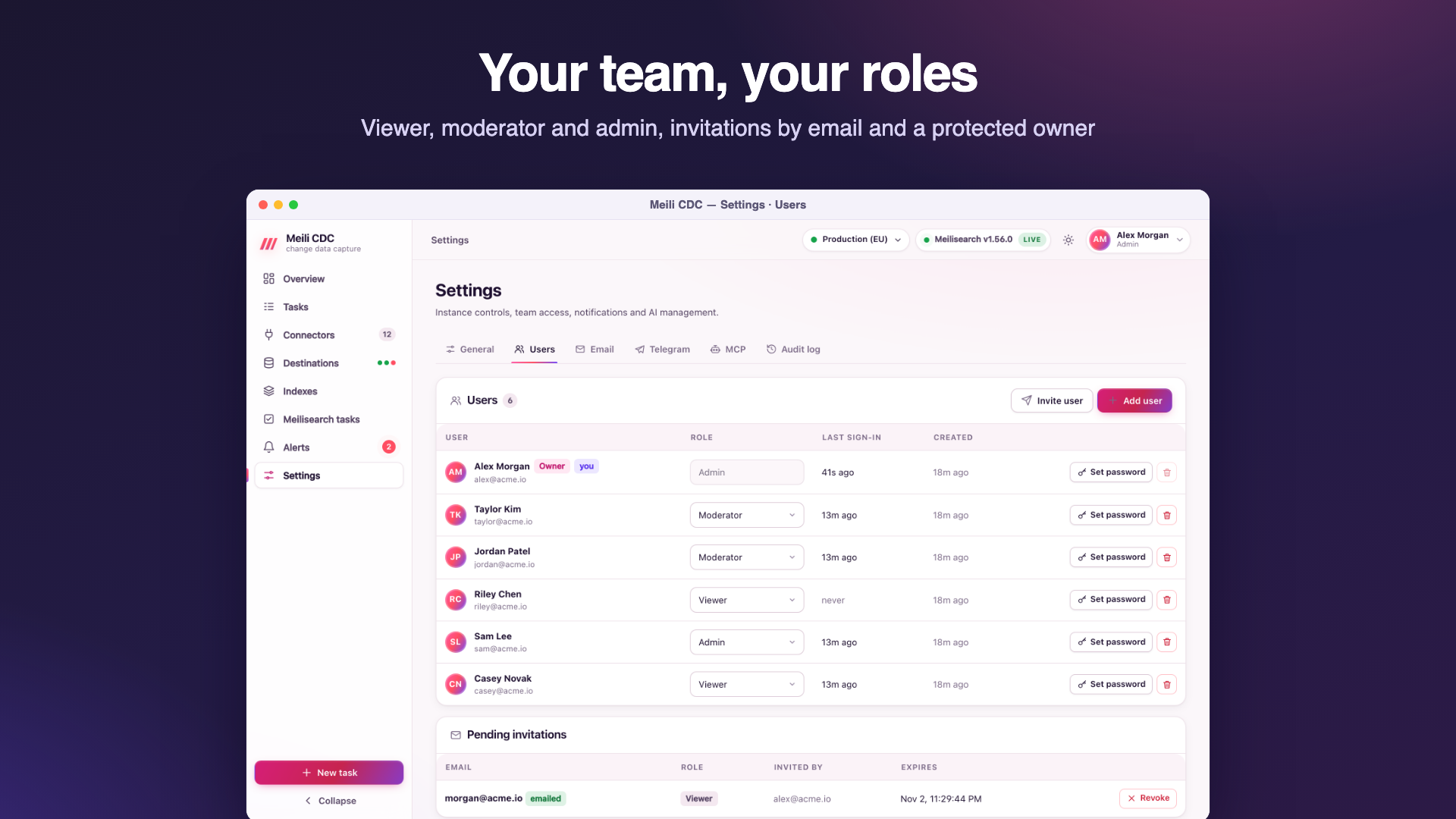 Settings Users tab listing members with their role, the primary administrator badge, last sign-in, and pending invitations