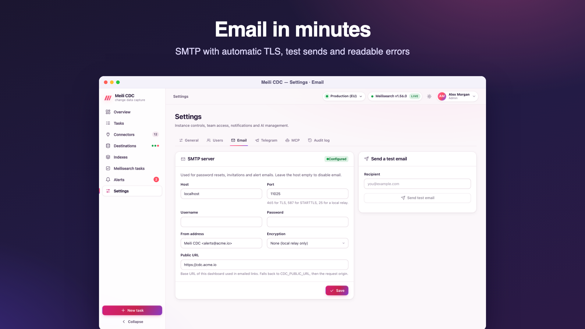 Settings Email tab with SMTP host, port, encryption mode, username, password, from address and public URL, and a test email form