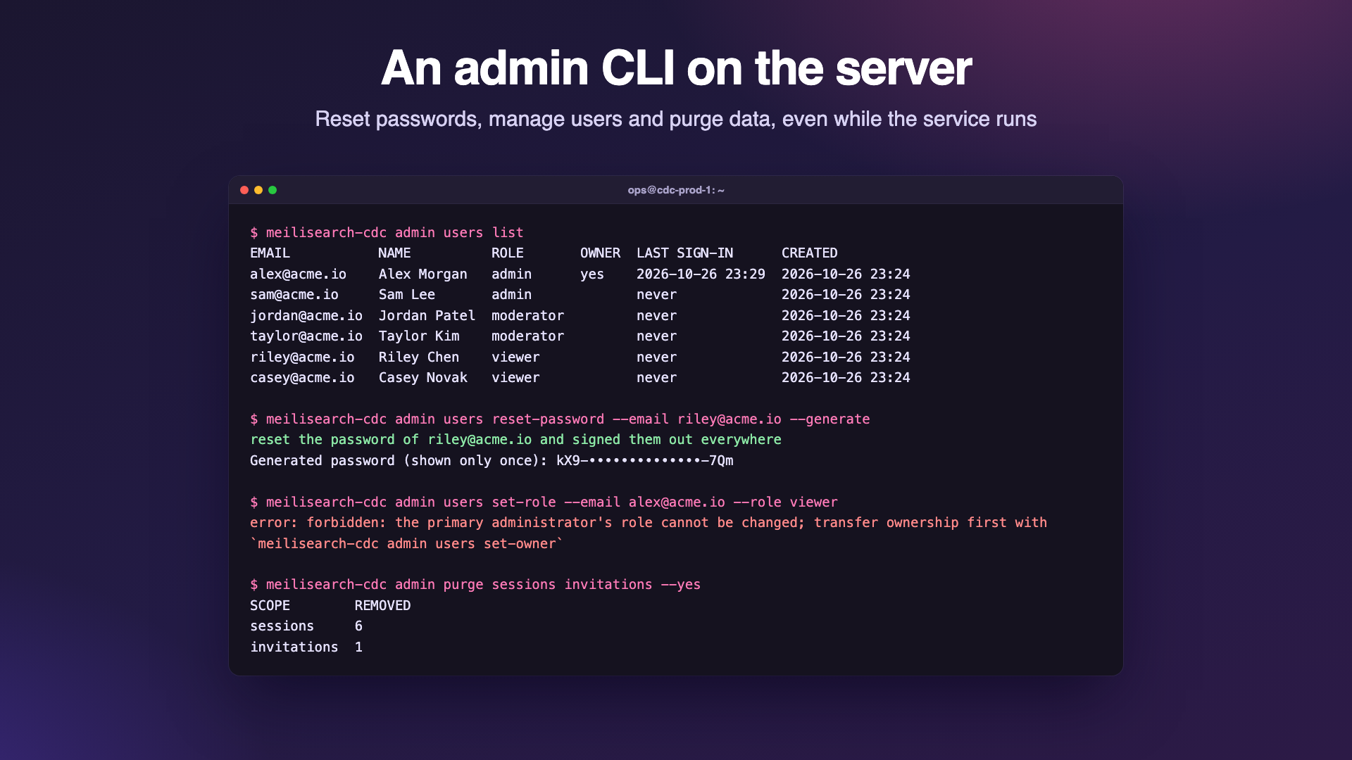 A terminal running meilisearch-cdc admin commands: listing users, creating a user with a generated password and purging sessions
