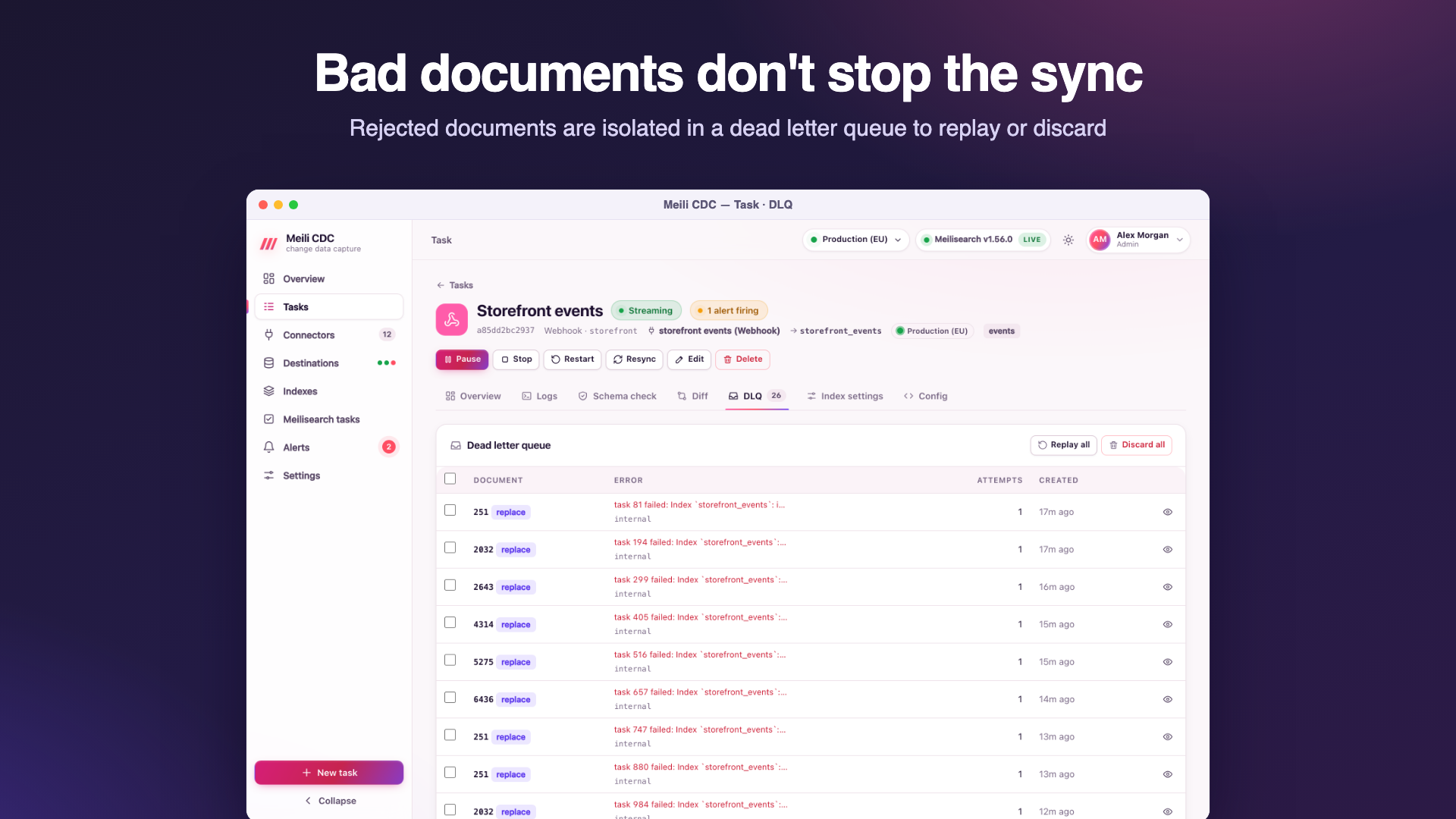The dead letter queue of a task listing rejected documents with their id, operation, Meilisearch error code and message, and replay and discard buttons