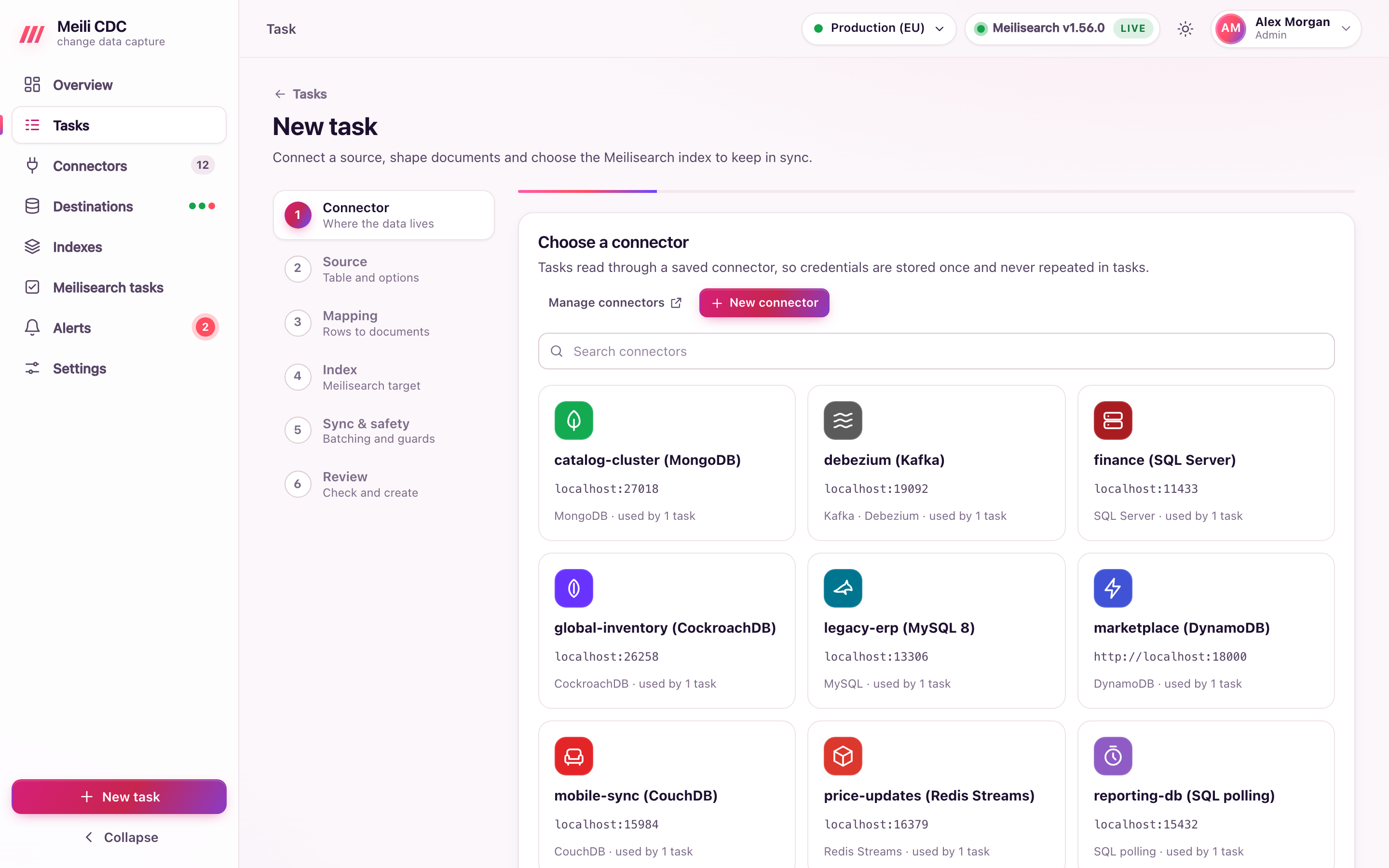 Task wizard, first step: choosing or creating a source connector