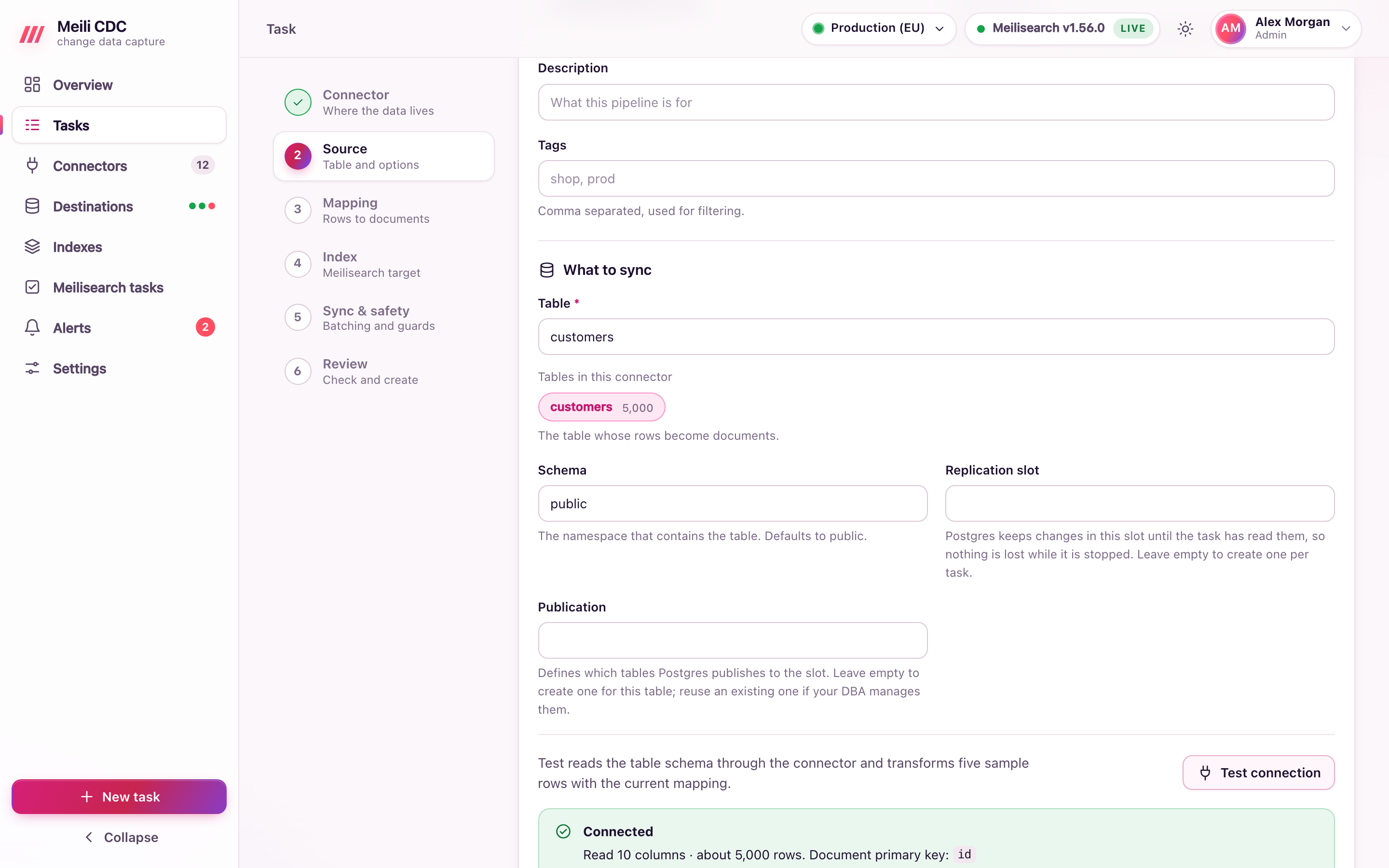 Task wizard, source step: choosing a table and the sync mode