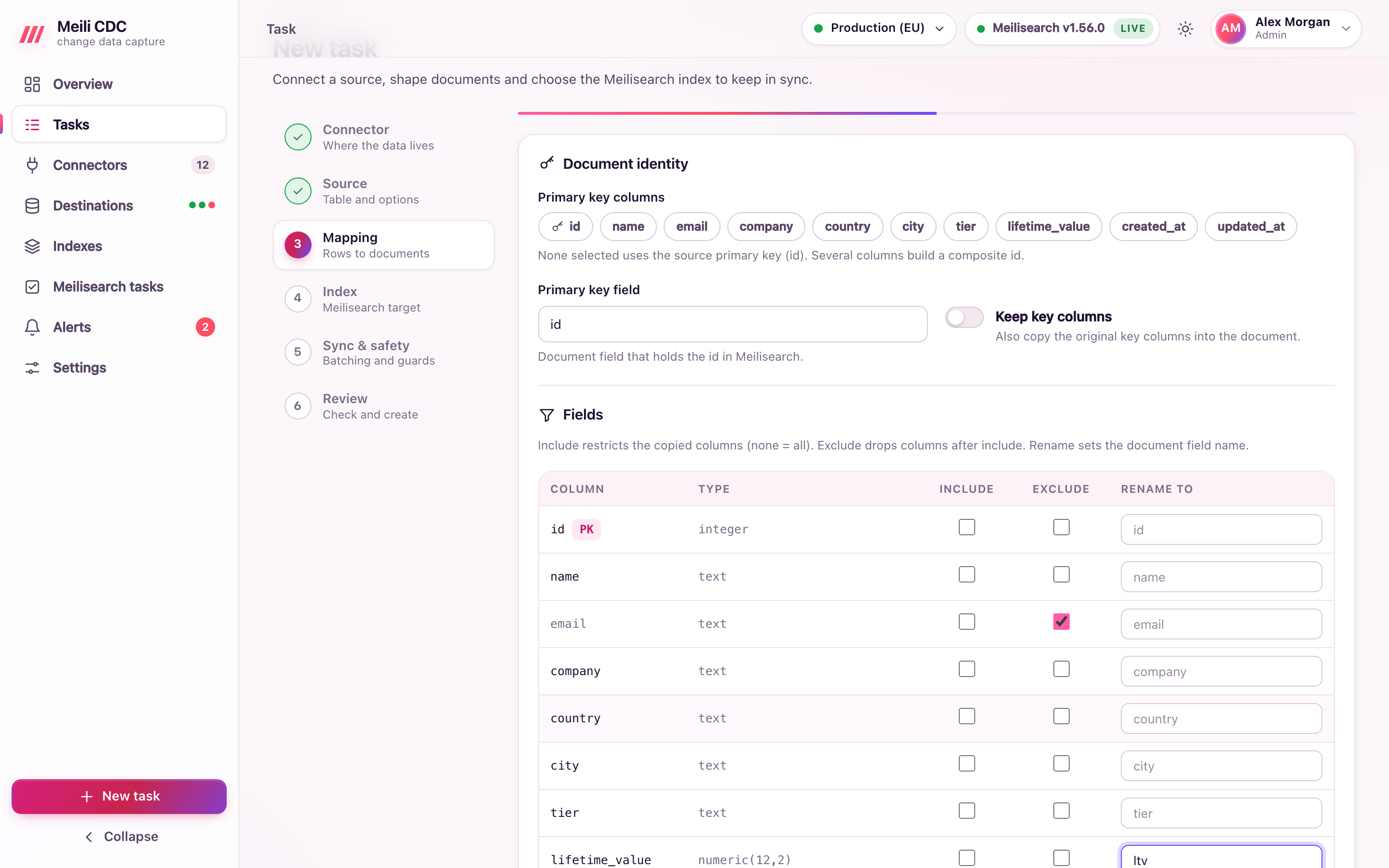 Task wizard, mapping step: field mapping with a preview of transformed sample documents