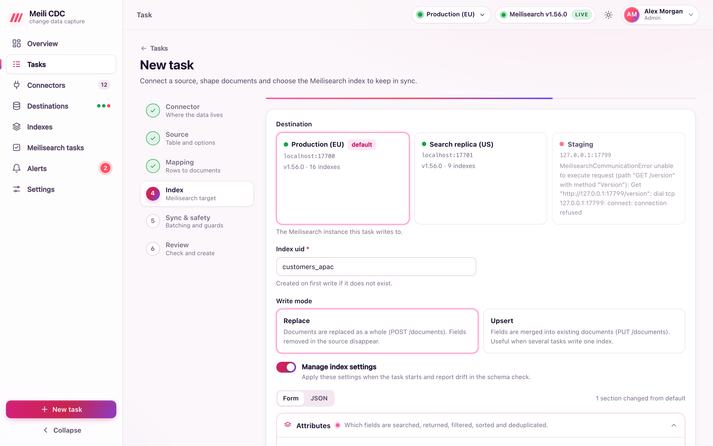 Task wizard, index settings step: filterable, sortable and searchable attributes