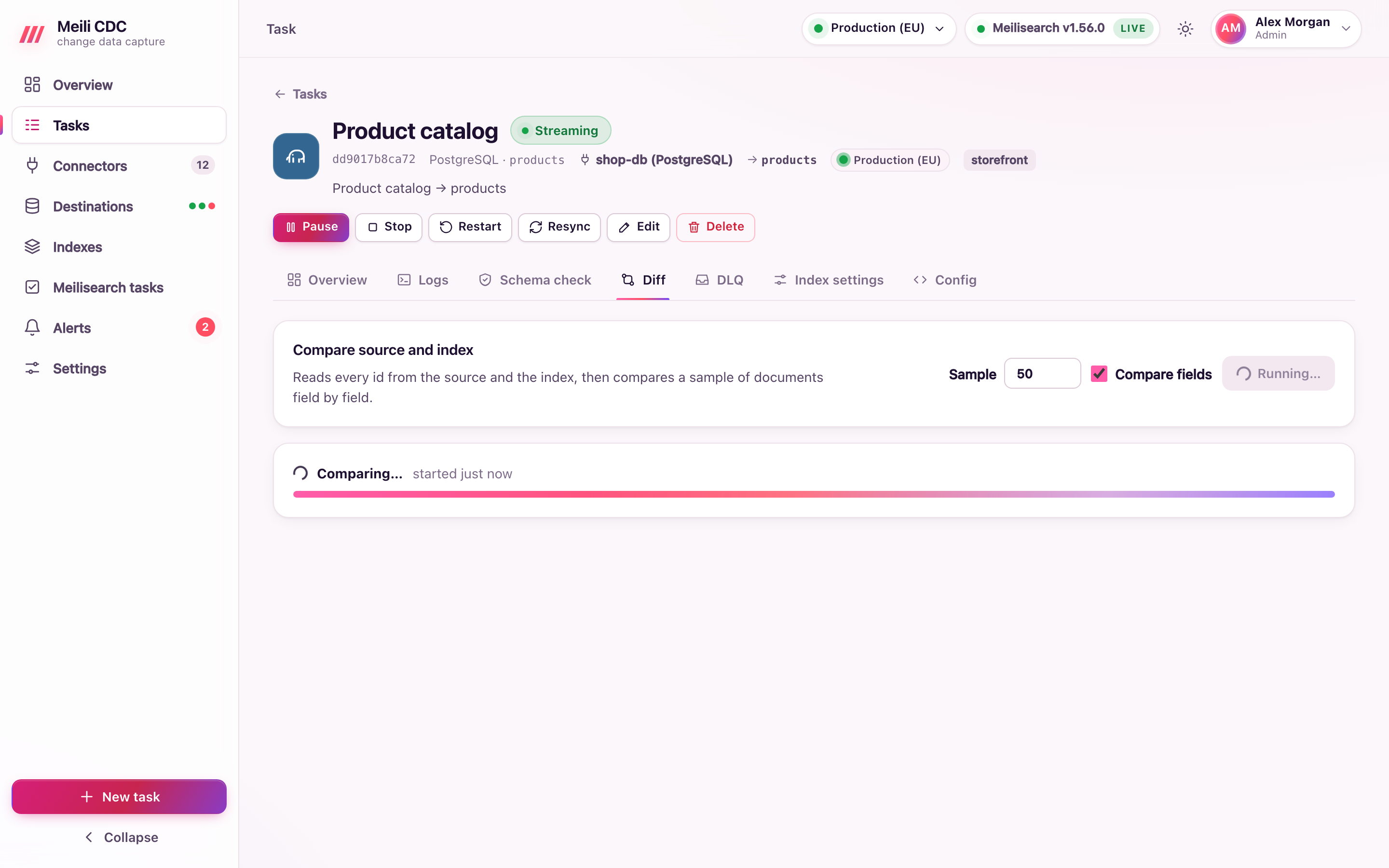 Diff report comparing source rows and index documents, with a repair action
