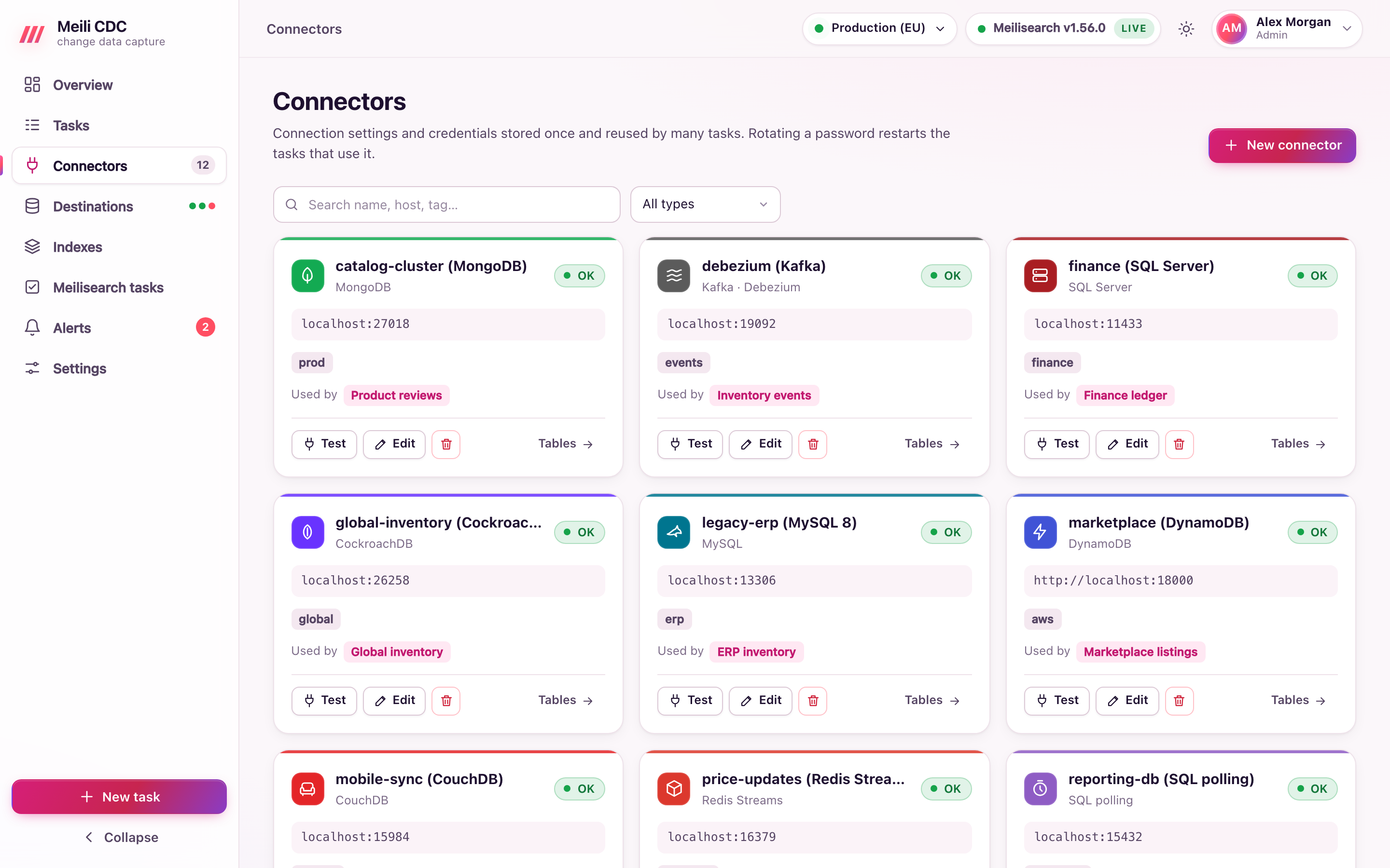 Saved source connectors with their type and status