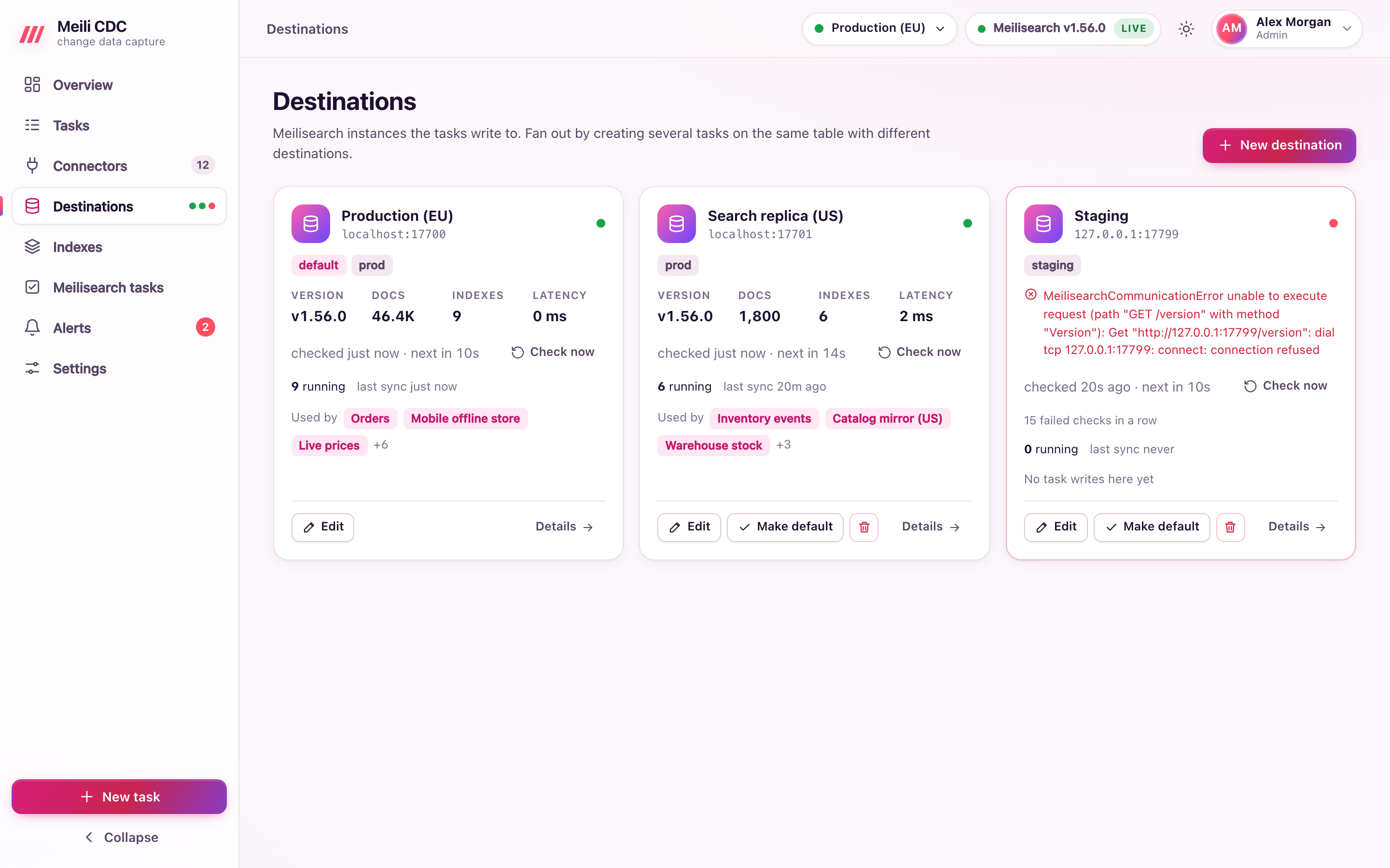 Destinations list showing several Meilisearch instances with health, latency and document counts