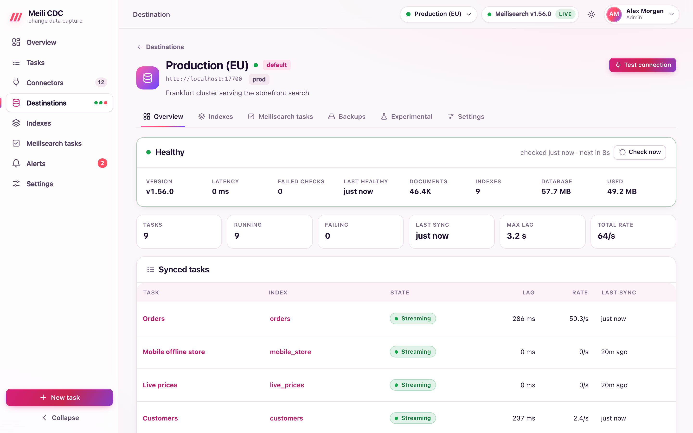 Destination detail with health, backups and experimental features