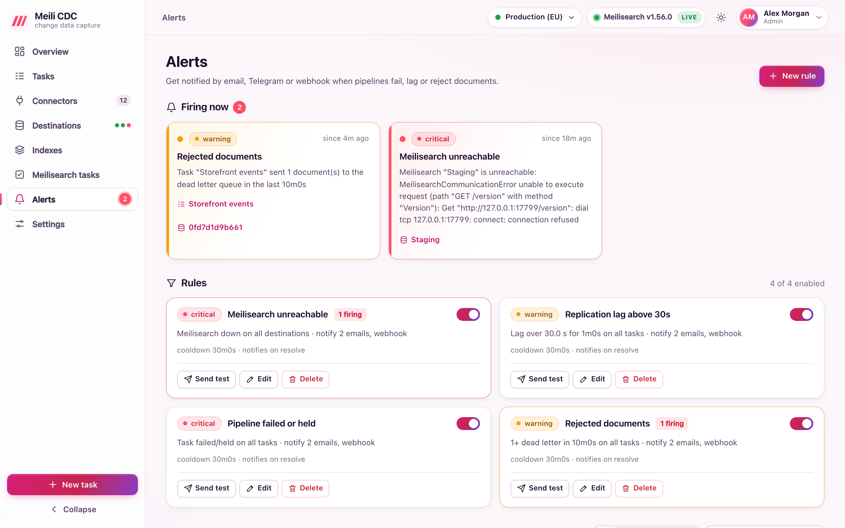 Alerts page with alert rules, delivery channels and alert history