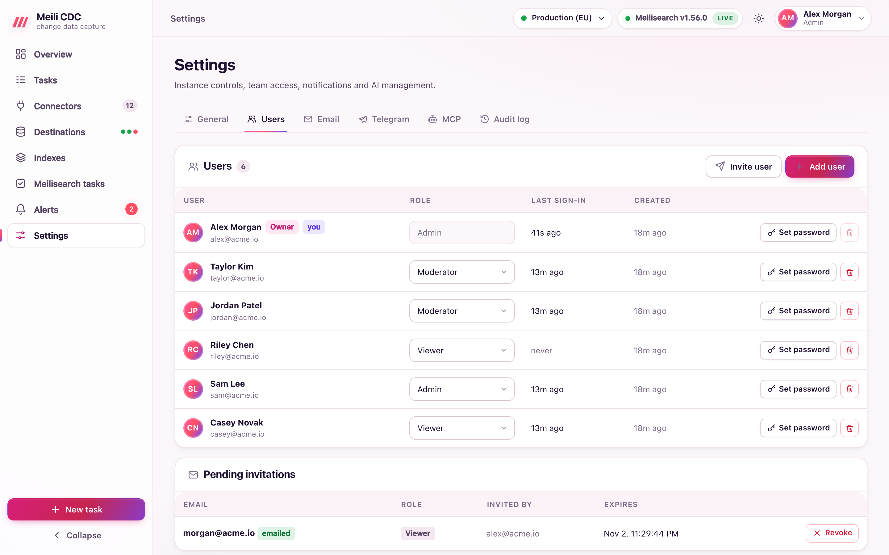 Members with viewer, moderator and admin roles and invitations