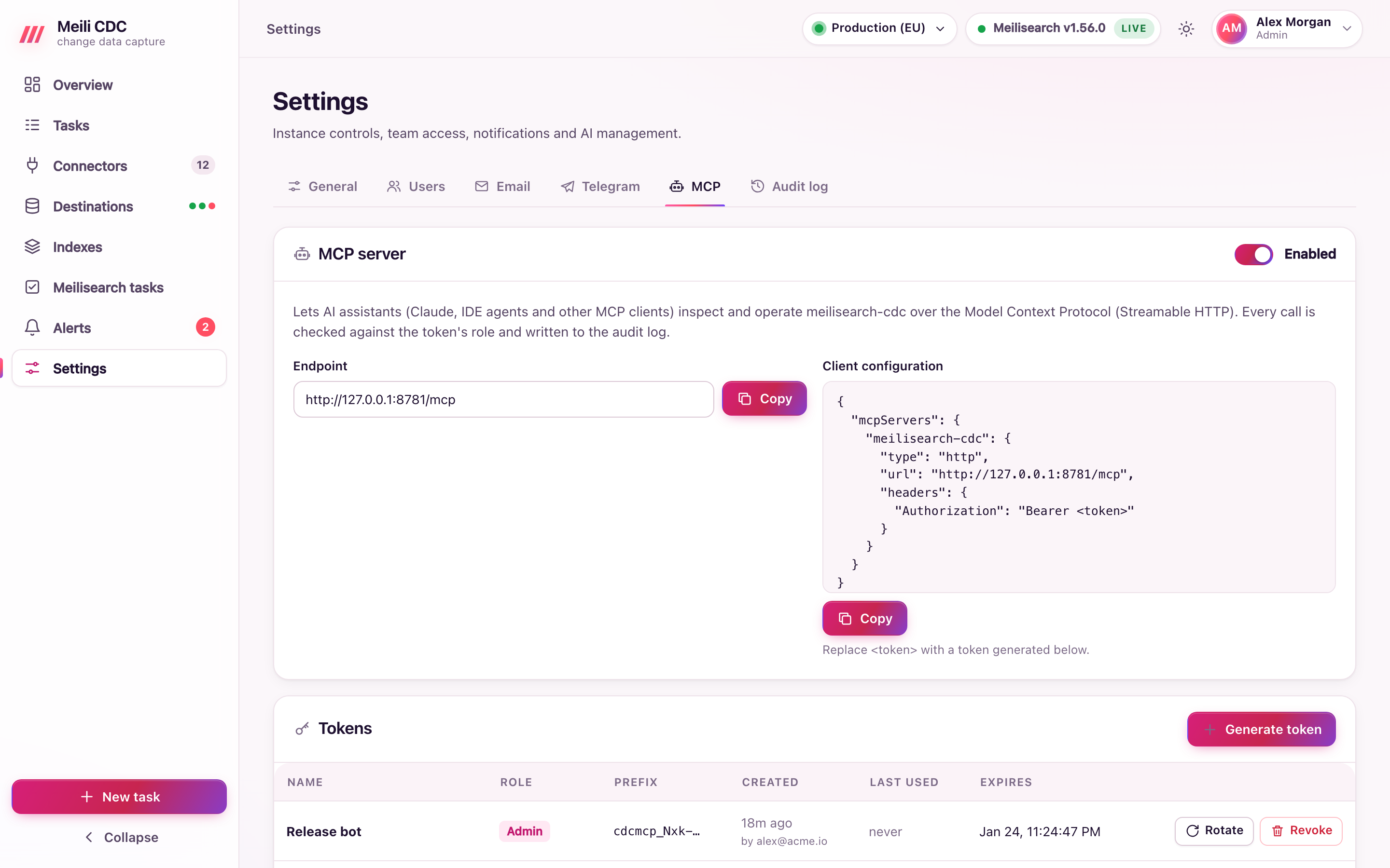 MCP settings page with the enable switch, bearer tokens per role and the per-role tool allow-list