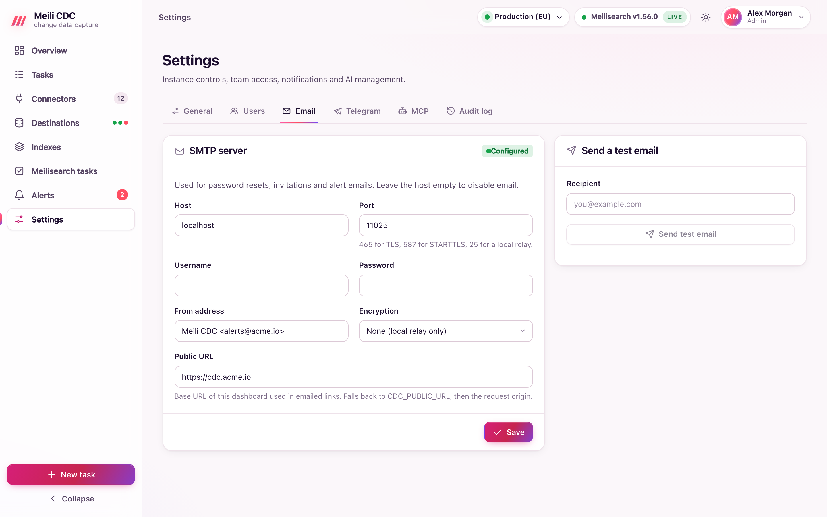 SMTP settings for invitations, password reset and alerts