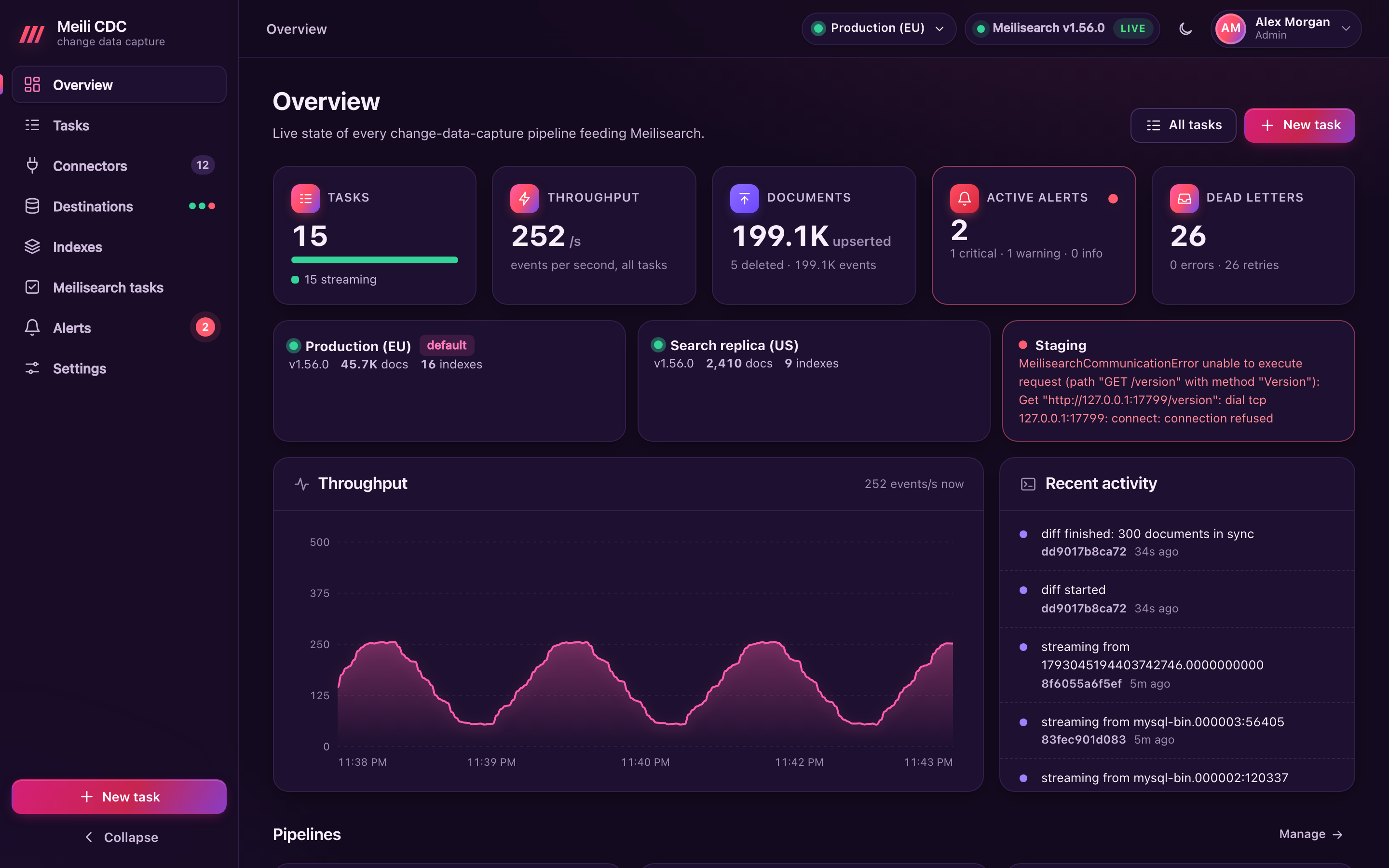 The dashboard in the dark theme
