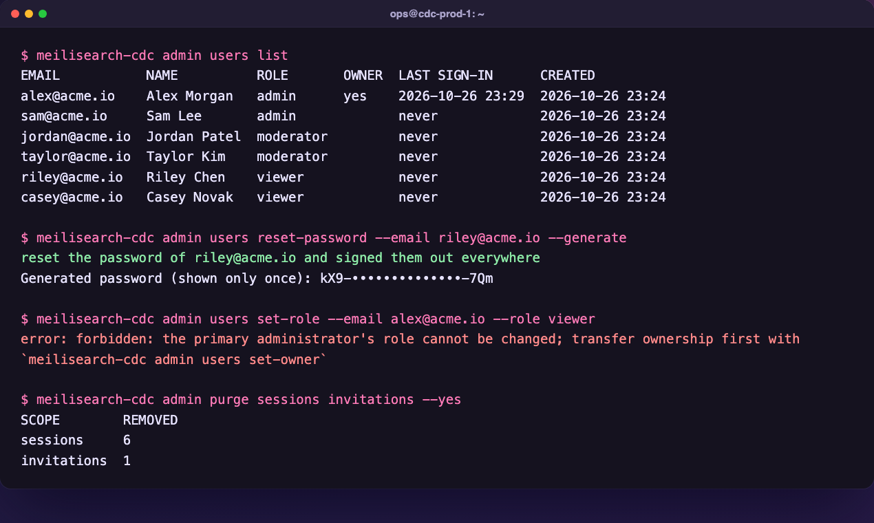 Terminal running the meilisearch-cdc admin CLI: listing users, creating a user with a generated password and purging sessions