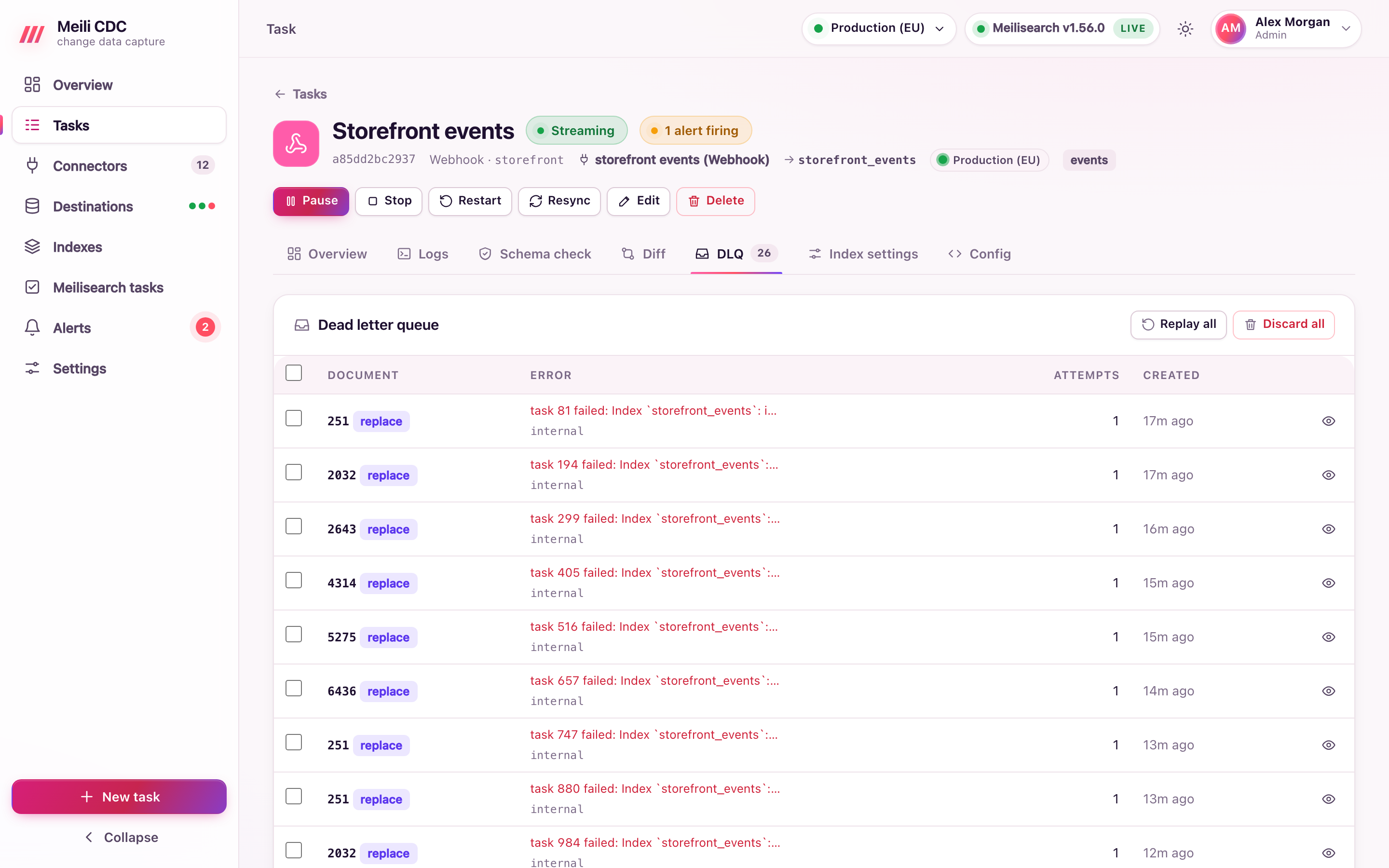 Dead letter queue tab listing rejected documents with their error, and replay and discard actions